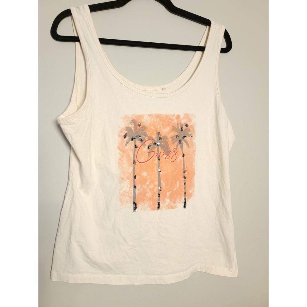 Guess Tank Top Womens Sz XL White Palm Tree‎ Sky Rhinestone Graphic Scoop Neck - Picture 2 of 8